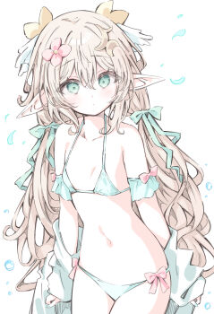 1girl blonde_hair bow bra clothes_down cowboy_shot dawa_(wasa500) double-parted_bangs expressionless flat_chest flower green_bow green_bra green_eyes green_jacket green_nails green_panties hair_bow hair_flower hair_ornament highres jacket long_hair looking_at_viewer low_twintails original panties pink_bow pointy_ears simple_background solo twintails underwear very_long_hair white_background