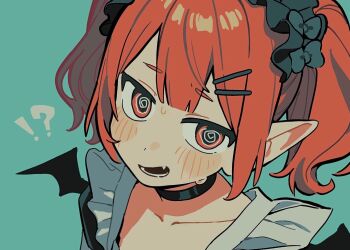 !? 1girl @_@ bat_wings black_bow black_choker black_hairband blue_background blunt_bangs blush_stickers bow choker confused hair_ornament hairband hairclip looking_at_viewer open_mouth original pointy_ears red_eyes red_hair simple_background smile solo sweat twintails umipi upper_body wings