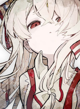 1girl absurdres bow breasts collared_shirt crossed_bangs fujiwara_no_mokou hair_between_eyes hair_bow highres long_hair long_sleeves looking_at_viewer parted_lips red_eyes ribbon shirt simple_background solo soresaki striped_ribbon touhou upper_body white_background white_shirt