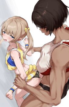 1futa 1girl arm_held_back ass bent_over blonde_hair blue_eyes breasts brown_hair censored cheerleader clothed_sex cum cum_in_pussy dark-skinned_female dark_skin dated_commentary doggystyle futa_with_female futanari hands_on_another's_thighs height_difference highres implied_futanari kei_(m_k) large_breasts long_hair m_k original rika_(m_k) sex sex_from_behind short_hair simple_background size_difference small_breasts standing standing_sex sweat tall_female tan tomboy track_uniform