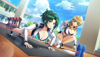 2girls :o asymmetrical_gloves ayato_utae bikini blonde_hair bottle clenched_teeth day dolphin_wave drill_hair drill_sidelocks dumbbell elbow_gloves exercising fingerless_gloves game_cg gloves green_bikini green_hair harunami_anri highres kirishima_uniform kneehighs layered_bikini long_hair mole mole_under_eye multiple_girls non-web_source official_alternate_costume official_art ootomo_takuji open_mouth ponytail push-ups short_ponytail sidelocks single_elbow_glove single_kneehigh single_sock socks swimsuit teeth uneven_gloves water_bottle yellow_bikini