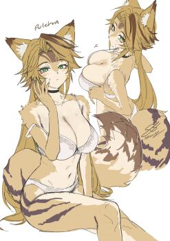 1girl animal_ears bare_legs blonde_hair bra breasts cat_ears cat_girl cleavage collage commentary english_commentary furry furry_female green_eyes highres large_breasts lingerie long_hair looking_at_viewer multiple_views navel panties pulchra_fellini salmon88 serval sitting slit_pupils underwear white_background white_bra white_panties zenless_zone_zero