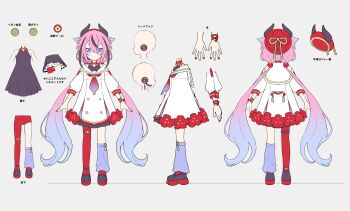 1other a.i._voice absurdres ankleband asymmetrical_legwear bare_shoulders belt beret black_dress black_horns black_streaks blue_eyes blue_hair blue_leg_warmers blue_nails buttons collar contrast_collar cropped_arms double-breasted double-parted_bangs dress flat_color flower from_behind from_side full_body gradient_hair gradient_necktie grey_background gynoid_talk hat headset highres horned_hat horns layered_dress leg_warmers light_blush long_hair low_twintails lower_body meika_hime miwasiba multicolored_hair multicolored_nails multiple_views nail_polish necktie off-shoulder_dress off_shoulder official_art pantyhose pink_hair platform_shoes pleated_dress plum_blossoms puffy_sleeves red_collar red_hat red_nails red_necktie red_pantyhose red_ribbon reference_sheet ribbon sailor_collar second-party_source shoes short_eyebrows sidelocks single_leg_pantyhose single_leg_warmer smile standing straight-on streaked_hair tassel thick_eyebrows thigh_belt thigh_strap three-quarter_sleeves twintails two-sided_dress two-sided_fabric unworn_hat unworn_headwear very_long_hair white_dress wrist_ribbon