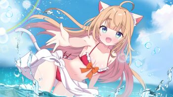 1girl :d ahoge animal_ears bare_arms bare_shoulders bikini blue_eyes blue_sky blush breasts bubble cat_ears cat_girl cat_tail cleavage collarbone commentary_request day fang hair_ornament hairclip highres hiiragisensei indie_virtual_youtuber long_hair looking_at_viewer medium_breasts navel nyanyamine_noa ocean open_mouth outdoors sarong sky smile solo swimsuit tail very_long_hair virtual_youtuber wading water water_drop
