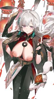 Rule 34 | 1girl, :>, airseal, animal ears, arknights, between fingers, black gloves, black jacket, black pants, breasts, chinese commentary, cleavage, clothing cutout, coin, commentary request, cowboy shot, dao fu, fingerless gloves, firecrackers, gloves, good fortune symbol, hand up, highres, holding, holed coin, hongbao, jacket, jacket on shoulders, lantern, large breasts, long hair, nipples, pants, paper lantern, purple eyes, red shirt, shirt, solo, squirrel, squirrel ears, squirrel girl, squirrel tail, surfer (arknights), surfer (by the lamplight) (arknights), tail, white hair