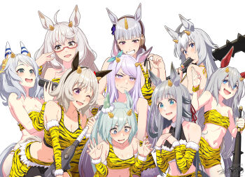 Rule 34 | 6+girls, @ @, ahoge, animal ears, aqua bow, bare shoulders, biwa hayahide (umamusume), blue eyes, blunt bangs, bow, breasts, carrying over shoulder, chrono genesis (umamusume), cleavage, club, club (weapon), commentary request, curren chan (umamusume), detached sleeves, ear bow, ear covers, ehoumaki, embarrassed, fake horns, food, food in mouth, full mouth, fur-trimmed sleeves, fur trim, glasses, gold ship (umamusume), grey hair, grin, hair between eyes, highres, hishi miracle (umamusume), holding, holding club, holding weapon, horns, horse ears, horse girl, large breasts, long hair, makizushi, masaki shino, medium breasts, mejiro mcqueen (umamusume), midriff, multiple girls, navel, oguri cap (umamusume), one eye closed, oni costume, print tank top, print tube top, purple eyes, purple hair, red-framed eyewear, seiun sky (umamusume), semi-rimless eyewear, setsubun, shirt, short hair, single-shoulder shirt, single horn, smile, spiked club, strapless, sushi, swept bangs, tamamo cross (umamusume), tank top, tube top, umamusume, v-shaped eyebrows, weapon, yellow horns, yellow sleeves, yellow tank top, yellow tube top