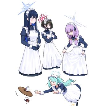 4girls alternate_costume apron aqua_hair arius_squad_(blue_archive) artpatient atsuko_(blue_archive) black_hair blue_archive blue_dress blue_hair blush braid coffee colored_inner_hair commentary cropped_legs crossed_arms curtsey dark_blue_hair dress enmaided frilled_apron frilled_hairband frills hairband halo highres hiyori_(blue_archive) juliet_sleeves long_sleeves looking_ahead looking_at_viewer maid maid_apron maid_headdress misaki_(blue_archive) multicolored_hair multiple_girls name_tag puffy_sleeves purple_hair saori_(blue_archive) short_hair side_ponytail simple_background spill straight_hair tray tripping twin_braids two-tone_hair white_apron white_background white_hairband
