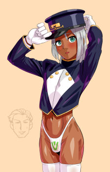 Rule 34 | 1boy, blush, bulge, dark skin, gloves, green eyes, gundam, hat, highres, long hair, loran cehack, male focus, nagiichi, silver hair, solo, thighhighs, trap, turn a gundam