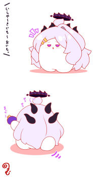 ahoge blue_archive blush chestnut_mouth chibi coin_purse colored_shadow commentary_request facing_away grey_hair hair_ornament hairclip halo highres hina_(blue_archive) horns kurukurumagical long_hair motion_lines notice_lines parted_bangs parted_lips purple_eyes shadow simple_background single_hair_intake translation_request very_long_hair walking white_background