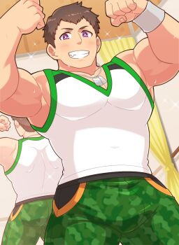 1boy aopanda bara blush bright_pupils brown_hair camouflage camouflage_pants commentary dog_tags flexing green_pants grin highres idolmaster idolmaster_side-m jewelry large_pectorals looking_at_viewer male_focus mirror muscular muscular_male necklace pants pectorals purple_eyes shingen_seiji shirt short_hair sidepec smile solo sparkle sweat sweatband symbol-only_commentary tank_top white_pupils white_shirt wristband