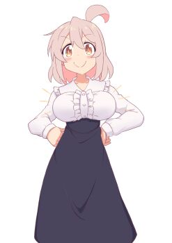 1girl absurdres ahoge alternate_breast_size_(larger) alternate_hair_length_(shorter) black_skirt blush_stickers breasts brown_eyes c: center_frills commentary fley0205 frilled_shirt_collar frills hair_between_eyes hands_on_own_hips high-waist_skirt highres large_breasts long_sleeves onii-chan_wa_oshimai! oyama_mahiro pink_hair shirt simple_background skirt smile smug solo v-shaped_eyebrows white_background white_shirt