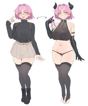 1girl absurdres aochoku black_gloves black_thighhighs collar demon_girl demon_horns elbow_gloves feet glasses gloves hair_intakes highres horns leash open_mouth original pink_hair pleated_skirt round_eyewear skirt stirrup_legwear thighhighs toeless_legwear toes