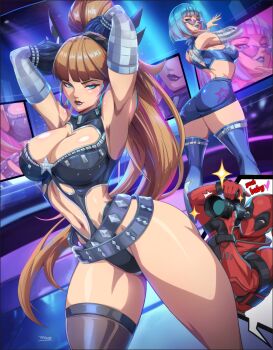 1boy 2girls armpits ass black_lips blonde_hair blue_hair breasts cleavage cleavage_cutout clothing_cutout deadpool deadpool_(series) felox08 fur_gloves heart_cutout highres huge_breasts large_breasts leotard lipstick long_hair magik's_crown magik_(infernal_idol)_(x-men) magik_(x-men) makeup marvel marvel_rivals mask multicolored_hair multiple_girls navel official_alternate_costume official_alternate_hair_color official_alternate_hairstyle pink_streaks ponytail psylocke psylocke_(psychedelic_pulse) single_thighhigh streaked_hair sunglasses superhero_costume thighhighs thighs very_long_hair x-men