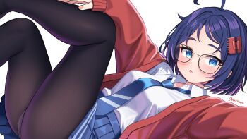 1girl absurdres ahoge black_pantyhose blue_eyes blue_hair blue_necktie blue_skirt blush cardigan claw_hair_clip commentary_request glasses hairclip highres knee_up long_sleeves looking_at_viewer lying mila_(miside) miside mita_(miside) n2o necktie on_back open_cardigan open_clothes open_mouth pantyhose pleated_skirt red_cardigan shirt shirt_tucked_in short_hair simple_background skirt solo white_background white_shirt