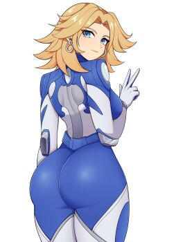 1girl ass ass_focus blonde_hair blue_bodysuit blue_eyes bodysuit earrings fantastic_four female_focus highres huge_ass jewelry looking_at_viewer looking_back marvel marvel_rivals multicolored_bodysuit oninuer simple_background skin_tight solo sue_storm superhero_costume two-tone_bodysuit v white_background white_bodysuit