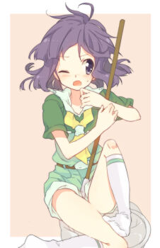 1boy androgynous belt bugsy_(pokemon) butterfly_net green_shorts gym_leader hand_net kneehighs male_focus mop nakamura_sandayo nintendo one_eye_closed pokemon purple_eyes purple_hair sailor_collar shirt short_shorts shorts socks solo trap wink