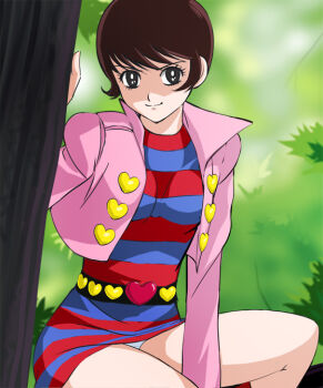 1970s_(style) 1girl belt bijinder black_hair bush cropped_jacket female_focus haruyama_kazunori heart in_tree jacket kikaider_(series) kikaider_01:_the_animation kikaider_01_(series) legs light_smile looking_at_viewer mieko_(kikaider) miniskirt oldschool panties pantyshot retro_artstyle short_hair sitting sitting_in_tree skirt solo striped studded_belt thighs tree underwear upskirt white_panties