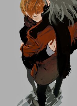 Rule 34 | 1boy, 1girl, aakaaka78910, aragaki shinjirou, black jacket, black pants, black scarf, blush, breath, brown hair, closed eyes, grey background, grey hair, grey pantyhose, hetero, highres, hug, jacket, long sleeves, pants, pantyhose, persona, persona 3, persona 3 portable, red scarf, scarf, shiomi kotone, shoes, simple background, sleeves past wrists, standing