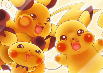 against_glass artist_name cheek_squash chobi-pho evolution evolutionary_line fourth_wall gen_1_pokemon gen_2_pokemon highres nintendo no_humans open_mouth pichu pikachu pokemon pokemon_(creature) raichu smile tail toni_hoang_nguyen watermark