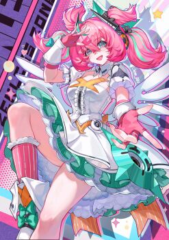 Rule 34 | 1girl, absurdres, aqua hair, aria (zenless zone zero), boots, bow, chinnpou, dress, fingerless gloves, footwear bow, gloves, green bow, green eyes, hair between eyes, hand up, hashtag-only commentary, heart, highres, idol, looking at viewer, multicolored hair, open mouth, pink gloves, pink hair, pink socks, short sleeves, smile, socks, solo, streaked hair, symbol-shaped pupils, white boots, white dress, zenless zone zero
