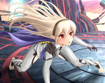 Rule 34 | 1girl, blonde hair, cape, female corrin (fire emblem), final destination (smash bros), fire emblem, hairband, long hair, nintendo, pointy ears, red eyes, slit pupils, solo, yureshiki ssb