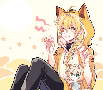 2boys aether_(genshin_impact) ahoge albedo_(genshin_impact) animal_ear_hood black_pants blonde_hair braid chibi commentary_request drawstring earrings fake_animal_ears genshin_impact green_eyes highres hood hoodie hug jewelry kkaiju long_hair multiple_boys pants partial_commentary paw_pose single_earring sitting size_difference yellow_eyes