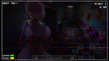 1girl animal_ears animatronic bonnie_(fnaf) bow bowtie breasts camera ceiling_light cleavage clock colored_skin commentary covered_navel elbow_gloves english_commentary english_text five_nights_at_freddy&#039;s five_nights_in_anime:_after_hours_(fangame) five_nights_in_anime_(fangame) food from_behind furry furry_female game_screenshot gameplay_mechanics genderswap genderswap_(mtf) gloves hallway hanging_light highres huge_breasts large_breasts leotard looking_at_viewer non-web_source one_eye_closed open_mouth pizza pizza_slice playboy_bunny purple_hair red_bow red_bowtie red_eyes red_gloves red_leotard screencap shiny_skin short_hair smile solo static strapless strapless_leotard teeth upper_teeth_only video_game