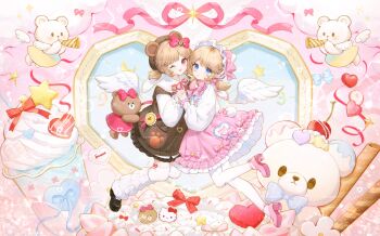 2girls :o absurdres angel_wings animal_ears artist_request bag bear bear_ears bib_collar black_shoes blonde_hair blue_bow blue_eyes blue_ribbon bow bowtie brown_dress brown_hair cat_ears cherry chinese_commentary commentary_request commission crescent dress dress_bow dress_pocket drink dual_persona emma_woods emma_woods_(hello_kitty_dream) fake_animal_ears floating food freckles frilled_dress frilled_hairband frilled_sleeves frills fruit hair_bow hair_ornament hairband hairclip head_bow heart hello_kitty hello_kitty_(character) high_heels highres holding_hands icing identity_v layered_sleeves leg_up leg_warmers line_friends lolita_fashion lolita_hairband long_sleeves medium_hair multiple_girls neck_ribbon official_alternate_costume one_eye_closed pantyhose parted_bangs party_popper pink_bow pink_dress pink_shoes pom_pom_(clothes) puffy_sleeves red_bow red_ribbon ribbon sanrio second-party_source shoes short_over_long_sleeves short_sleeves short_twintails sidelocks sparkle sprinkles star_(symbol) stuffed_animal stuffed_toy sweet_lolita teddy_bear thighhighs twintails watermark watermark_grid whipped_cream white_leg_warmers white_pantyhose white_thighhighs wings