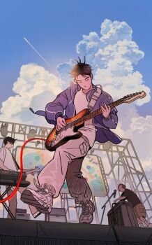 3boys black_hair blue_sky brown_hair cloud cloudy_sky concert contrail cumulonimbus_cloud day electric_guitar full_body guitar highres holding instrument jacket male_focus multiple_boys music oddxegg0 open_clothes open_jacket original outdoors playing_guitar playing_instrument shirt shoes sky sneakers stage standing white_shirt