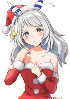 1girl absurdres animal_ears bare_shoulders becherry blush breasts brown_eyes christmas cleavage closed_mouth collarbone detached_sleeves dress ear_covers fang fur-trimmed_dress fur-trimmed_headwear fur_trim grey_hair hat highres hishi_miracle_(umamusume) horse_ears horse_girl looking_at_viewer medium_hair red_dress red_sleeves santa_costume santa_dress santa_hat simple_background skin_fang solo strapless strapless_dress umamusume upper_body white_background