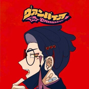 1boy bandaid bandaid_on_neck bright_pupils copyright_name corbeau_(pokemon) earrings fangs highres inspire_(inspire32551096) jewelry looking_at_viewer male_focus mask_pull nintendo parody pokemon pokemon_legends:_z-a purple_hair red_background round_eyewear short_hair solo vampire_(vocaloid) white_pupils yellow_eyes