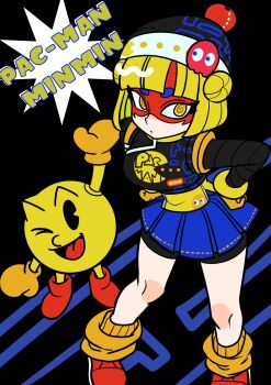 Rule 34 | 1boy, 1girl, @ @, absurdres, arms (game), beanie, bike shorts, blonde hair, blue skirt, bob cut, dancho no mori, eye mask, from above, hands on own hips, hat, highres, mask, min min (arms), pac-man, pac-man (game), red shoes, shoes, short hair, skirt, socks, yellow eyes, yellow socks
