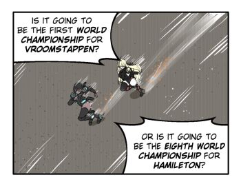 2021_abu_dhabi_grand_prix 2girls animification black_bodysuit black_hair blonde_hair bodysuit chasing commentary dark-skinned_female dark_skin english_commentary english_text fleeing formula_one genderswap genderswap_(mtf) lewis_hamilton max_verstappen merryweather motion_lines multiple_girls original pineapple_(pine) running