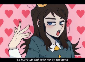 1boy abaddon_(haunted_hotel) blue_coat blue_eyes brown_hair coat commentary crown english_commentary english_text hand_up haunted_hotel heart heart_background highres insidej043 letterboxed long_hair looking_at_viewer male_focus mini_crown pink_background slit_pupils solo upper_body world_is_mine_(vocaloid)