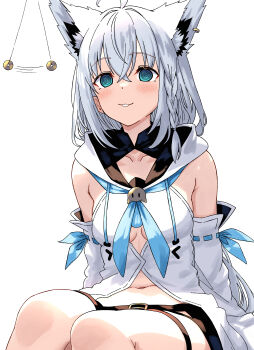 1girl :3 @_@ absurdres ahoge animal_ears arms_at_sides black_shorts blue_neckerchief braid cleavage_cutout clothing_cutout coin coin_on_string commentary_request daelriibres detached_sleeves earrings extra_ears fox_ears fox_girl highres hololive hypnosis jewelry light_blush long_hair midriff mind_control navel neckerchief parted_lips shirakami_fubuki shirakami_fubuki_(1st_costume) shorts side_braid simple_background single_braid single_earring sitting solo virtual_youtuber white_background white_hair