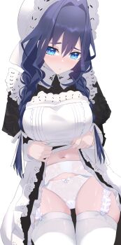 Rule 34 | 1girl, absurdres, apron, black dress, blue eyes, blue hair, braid, breasts, clothes lift, dress, dress lift, frilled apron, frilled hat, frills, garter straps, hair between eyes, hair intakes, hair over shoulder, hat, highres, hololive, hololive english, lace, lace panties, large breasts, long hair, long sleeves, looking at viewer, low twin braids, mahiruuu, maid, mob cap, navel, official alternate costume, official alternate hairstyle, ouro kronii, ouro kronii (maid), panties, simple background, solo, thighhighs, twin braids, underwear, victorian maid, virtual youtuber, white apron, white background, white hat, white thighhighs