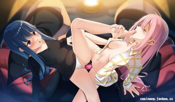 2girls arm_support bare_legs barefoot black_shirt blue_hair bottomless breasts breasts_apart casino_(casinoep) closed_eyes clothing_aside collared_shirt dildo double_dildo feet foot_focus foot_worship hair_between_eyes kagamihara_nadeshiko leg_up licking licking_foot long_hair long_sleeves medium_breasts multiple_girls navel no_bra object_insertion off_shoulder panties panties_aside parted_lips pink_hair plaid_clothes plaid_shirt purple_eyes pussy sex_toy shared_object_insertion shima_rin shirt sleeves_past_wrists toes uncensored underwear vaginal vaginal_object_insertion very_long_hair white_panties white_shirt yuri yurucamp