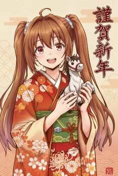 1girl antenna_hair brown_eyes brown_hair chinese_zodiac commentary_request double-parted_bangs eiyuu_densetsu estelle_bright falcom hair_intakes happy happy_new_year highres japanese_clothes kimono kuny long_hair looking_at_viewer new_year open_mouth orange_kimono simple_background sora_no_kiseki twintails year_of_the_horse