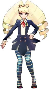 1girl blonde_hair blue_dress bow byte_(grunty-hag1) dress drill_hair hair_bow hand_on_own_hip long_hair looking_at_viewer luna_platz_(mega_man) mega_man_(series) mega_man_star_force_(series) pantyhose simple_background striped_clothes striped_pantyhose twin_drills very_long_hair white_background