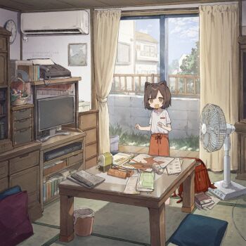 1girl accident air_conditioner animal_ears backpack bag bare_arms barefoot basket book brown_eyes brown_hair cabinet cat_ears cat_girl clock commentary controller cup curtains cushion day drinking_glass electric_fan eraser fax_machine feet flat_screen_tv homework indoors neoki_ohae newspaper notebook open_mouth original painting_(object) pencil pencil_case pencil_sharpener picture_frame randoseru red_shorts remote_control ruler shirt short_hair shorts solo spill standing symbol-only_commentary table tatami television toes trash_can twitter_username wall_clock white_shirt zabuton