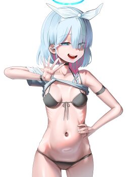 1girl absurdres arona_(blue_archive) bikini black_bikini black_choker blue_archive blue_halo bow bow_hairband breasts breasts_apart choker clothes_lift commentary_request cowboy_shot fingernails front-tie_bikini_top front-tie_top hair_over_one_eye hairband halo hand_on_own_hip hand_up highres lifting_own_clothes long_bangs medium_breasts mrsc navel open_mouth parted_bangs ribs seductive_smile shirt_lift short_hair simple_background skindentation smile solo standing stomach string_bikini swimsuit white_background white_bow white_hairband