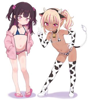 2girls american_flag american_flag_bikini american_flag_print animal_ear_hairband animal_ears animal_print bare_legs bare_shoulders bell bikini black_hair blonde_hair blue_bikini blush brown_hair closed_mouth collar collarbone colored_inner_hair cow_ears cow_horns cow_print cow_print_bikini cow_print_gloves cow_print_thighhighs cow_tail cowbell dark-skinned_female dark_skin elbow_gloves fake_animal_ears fake_horns feet flag_print flag_print_bikini flat_chest flip-flops full_body gloves grin gyaru hair_bobbles hair_ornament hairband hand_on_own_hip hands_in_pockets high_heels highres hood hoodie horn_hairband horns jacket leaning_forward loli long_hair looking_at_viewer mesugaki mesugaki_(nattocurryumeee) micro_bikini multicolored_bikini multicolored_hair multiple_girls nattocurryumeee navel neck_bell off_shoulder open_clothes open_jacket original pink_eyes pink_hair pink_hoodie pink_jacket pink_nails print_bikini print_gloves print_thighhighs purple_eyes raised_eyebrow sandals shoes side_ponytail simple_background skindentation smile standing stomach streaked_hair swimsuit tail teeth thighhighs toenails toes two-tone_bikini two-tone_hair two_side_up uneven_eyes v white_background white_gloves white_shoes white_thighhighs