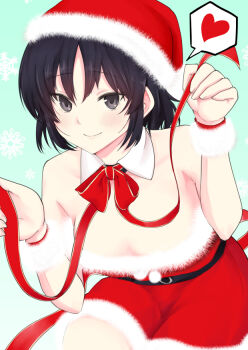 Rule 34 | 1girl, bare shoulders, black eyes, black hair, bracelet, closed mouth, collar, commentary request, detached collar, dress, fur-trimmed dress, fur-trimmed headwear, fur bracelet, fur trim, hat, heart, jewelry, kujou meika, looking at viewer, meika-san wa oshikorosenai, neck ribbon, red dress, red hat, red ribbon, ribbon, saitou shouki, santa costume, santa hat, short hair, solo, spoken heart, strapless, strapless dress, white collar