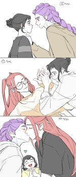 3girls absurdres black_hair black_shirt black_sweater blush braid brown_sweater closed_eyes closed_mouth commentary ear_blush earrings hair_bun hand_on_another&#039;s_neck heart highres hood hoodie interlocked_fingers jewelry kiss kpop_demon_hunters mira_(kpop_demon_hunters) multiple_girls open_mouth own_hands_together purple_hair red_hair rumi_(kpop_demon_hunters) shirt simple_background single_braid smile sseui stud_earrings sweater twintails white_background white_hoodie white_sweater yellow_shirt yuri zoey_(kpop_demon_hunters)