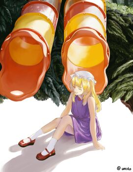 Rule 34 | 1girl, absurdres, artist name, blonde hair, blush, chinese commentary, closed eyes, commentary, dress, grin, hand rest, hat, highres, leaf, long hair, maribel hearn, maribelballoon, mob cap, purple dress, red shoes, shoes, sitting, smile, socks, solo, touhou, tree, water slide, white hat, white socks