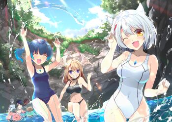 3boys 3girls alternate_costume bikini blue_eyes breast_tattoo breasts brown_hair chest_jewel commentary_request eunie_(xenoblade) fiery_hair glowing_lines head_wings highres lanz_(xenoblade) large_breasts manana_(xenoblade) medium_hair mio_(xenoblade) multiple_boys multiple_girls noah_(xenoblade) nopon old_school_swimsuit one-piece_swimsuit outdoors riku_(xenoblade) school_swimsuit sena_(xenoblade) swimsuit taion_(xenoblade) tattoo wading watsuki_ayamo wings xenoblade_chronicles_(series) xenoblade_chronicles_3