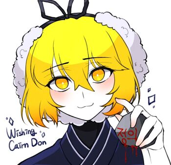 1girl :3 black_ribbon blonde_hair blue_hanbok blush bolkki don_quixote_(project_moon) e.g.o_(project_moon) hair_ribbon hanbok highres holding holding_rock korean_clothes limbus_company looking_at_viewer matiyan923 portrait project_moon ribbon rock short_hair solo wishing_cairn_(e.g.o) yellow_eyes