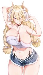 Rule 34 | 1girl, absurdres, arm behind head, armpits, bare shoulders, black choker, blonde hair, blue shorts, braid, breasts, brown horns, choker, cleavage, collarbone, commentary request, denim, denim shorts, hair between eyes, hair ribbon, highres, horns, korean commentary, large breasts, long hair, looking at viewer, navel, original, pointy ears, purple eyes, ribbon, sharp teeth, shorts, simple background, solo, standing, teeth, thighs, twin braids, white background, white ribbon, yn 6262