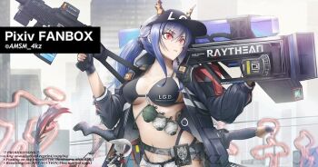 1girl arknights bikini black_gloves black_jacket blue_hair breasts ch&#039;en_(arknights) ch&#039;en_the_holungday_(arknights) collarbone commentary_request dragon_girl dragon_horns dragon_tail explosive fingerless_gloves gloves grenade hair_between_eyes holding holding_water_gun horns horns_through_headwear jacket large_breasts long_hair long_sleeves looking_to_the_side multiple_swords official_alternate_costume open_clothes open_jacket parted_lips red_eyes shorts sidelocks solo swimsuit tail twitter_username underboob upper_body water_gun yokaze_(yokajie)