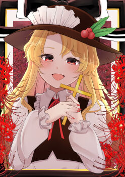 Rule 34 | 1girl, :d, absurdres, black ribbon, blonde hair, brown hat, brown vest, butsudan, caramel umashi, commentary request, cross, dolls in pseudo paradise, fingernails, flower, frilled shirt collar, frills, hat, highres, holding, holding cross, iei, jacket girl (dipp), long hair, long sleeves, neck ribbon, open mouth, red eyes, red flower, red nails, red ribbon, ribbon, shirt, smile, solo, spider lily, touhou, very long hair, vest, white shirt
